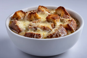French onion soup topped with melty cheese and crispy croutons in white bowl
