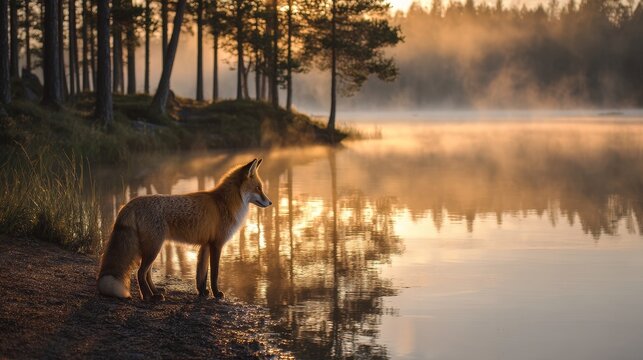 red fox standing at the edge of a still forest lake at dawn, gazing into the calm water. Gentle morning mist floats above the surface, and soft golden sunlight filters through tall pine trees