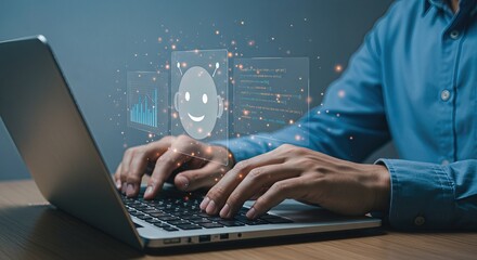A persons hands type on a laptop, with a glowing ai interface displaying a friendly robot face and data charts, symbolizing technological advancement and automated services