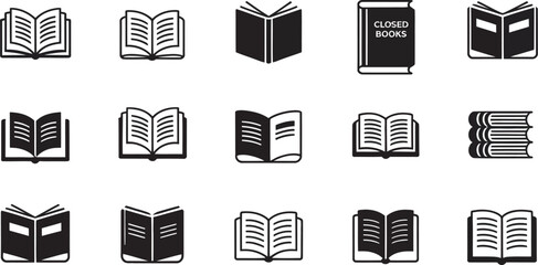Book Icons Vector Set &ndash; Silhouettes of Open, Closed, and Stacked Books for Education and Library Design.