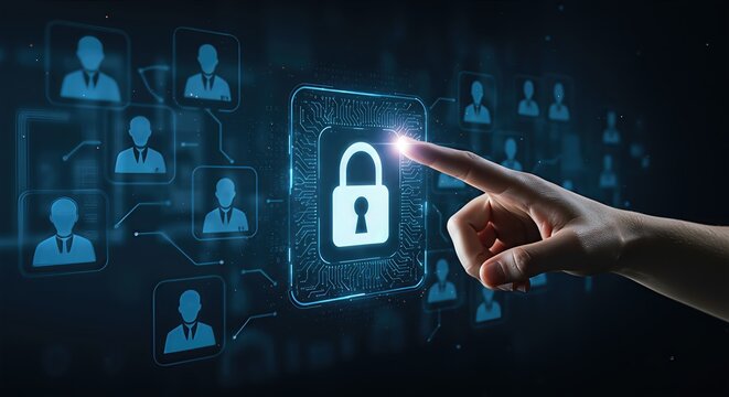 A persons finger touches a glowing digital padlock icon, symbolizing data security and protection in a networked system - Powered by Adobe