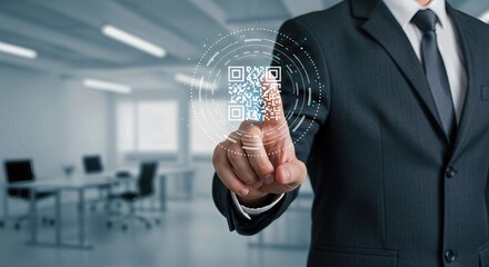 A businessman in a suit points to a glowing qr code displayed on a virtual interface, representing digital access and information exchange