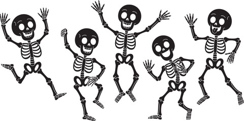 Cute Dancing Skeletons Vector Set – Fun Halloween Cartoon Characters in Black and White Silhouette