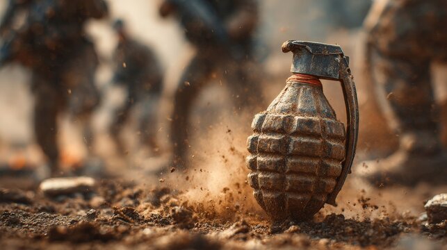 Close-up of grenade on battlefield with soldiers blurred in background - Powered by Adobe
