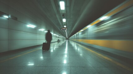 person pulling a suitcase down a long train station hallway, motion blur effect