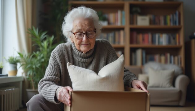 Elderly Woman Unpacking a Box of Pillows in her Cozy Living Room