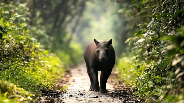 A lowland tapir walks down a forest path. The scene captures the essence of wildlife and natural habitat.