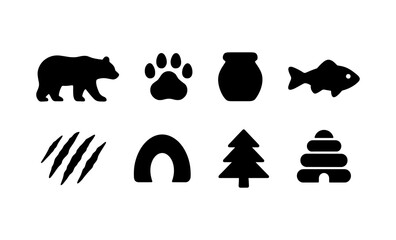 Fototapeta premium Animal and nature silhouettes: bear, paw, fish, jar, trees, hive