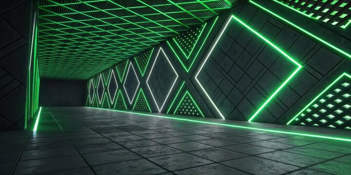 A futuristic corridor with green neon lights and diamond shaped wall decorations