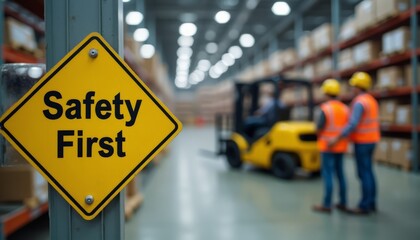 Safety First: Warehouse Workers and Industrial Safety Sign