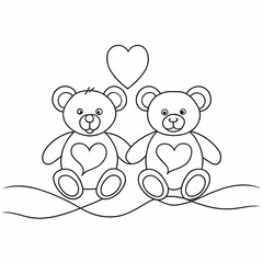 Fototapeta premium two teddy bear with heart continuous line drawing