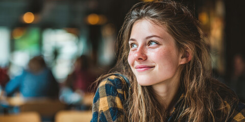 Obraz premium Portrait of a young woman with a gentle smile and expressive eyes looking thoughtfully to the side in a blurred indoor setting. Ideal for conveying ideas of contemplation, happiness, student life