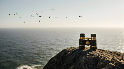 Binoculars Overlooking the Horizon: A pair of antique binoculars sits atop a rugged cliff, gazing out at an endless expanse of ocean under a clear sky, symbolizing exploration and discovery.