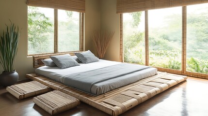 A minimalist bedroom with bamboo furniture, including a low platform 