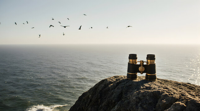 Binoculars Overlooking the Horizon: A pair of antique binoculars sits atop a rugged cliff, gazing out at an endless expanse of ocean under a clear sky, symbolizing exploration and discovery. - Powered by Adobe
