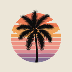 Tropical Island Sunset with Palm Tree Silhouette Vector Illustration
