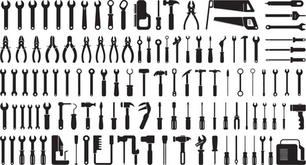 Large Set of Hand Tool Silhouettes – Vector Icons for Construction, Repair, and DIY Projects