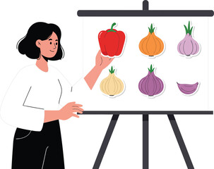 Woman presenting different types of colorful onions and vegetables on easel in educational vector illustration 