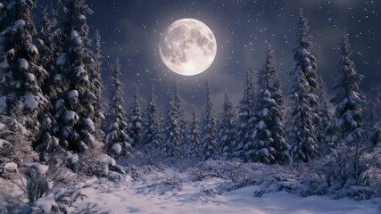 A serene night landscape featuring a full moon illuminating a snow-covered forest, creating a magical winter scene with evergreen trees under a starry sky. - Powered by Adobe