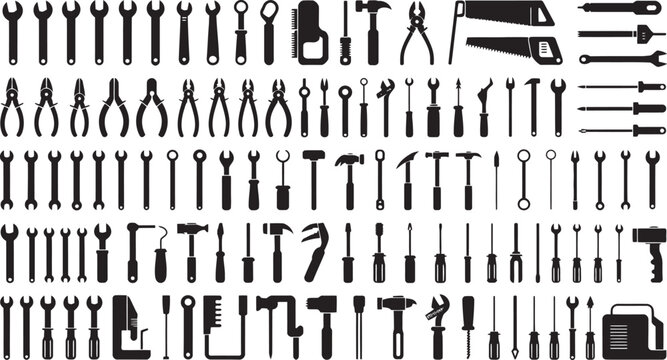 Large Set of Hand Tool Silhouettes – Vector Icons for Construction, Repair, and DIY Projects