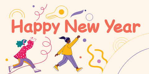 Two women celebrating happy new year with confetti and streamers on a light background illustration