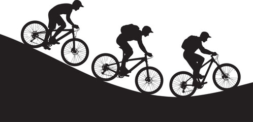 Obraz premium Mountain Biking Silhouette Vector – Cyclists Riding on Hilly Trail in Outdoor Adventure Scene