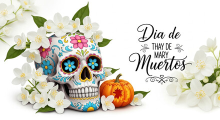 "A traditional Dia de Muertos altar with marigolds, sugar skulls, and candles, honoring ancestors with vibrant Mexican cultural symbolism."

