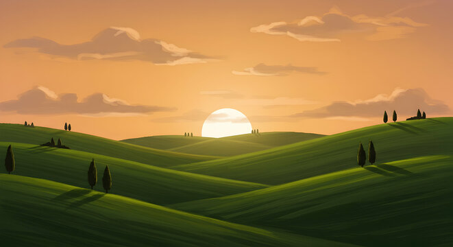 Sunset over rolling hills idyllic landscape scenic view
