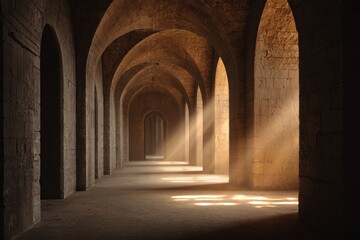 Naklejka premium Arched hall with sunlight. Shadows and light illuminate old stone corridor