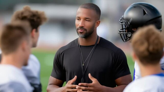 A coach motivates the team with an inspiring pep talk