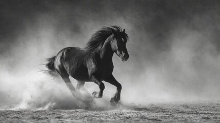 The horse gallops across the steppe at great speed. Sand billows into the air. A blurred horse and background. A black and white photo with a sandy tint