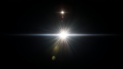 The sun shines in the darkness, with lens flare effects. The light is bright and white against a black background