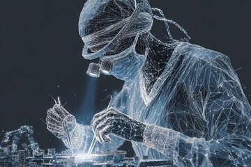 A man dressed in a white suit and wearing a white mask is focused on working on a laptop. The futuristic plexus-style wireframe illustration in the background adds a high-tech vibe to the scene.