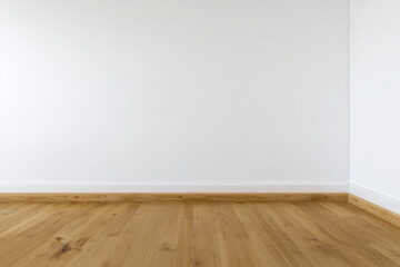 Empty room with wooden floor and white walls, bright interior space with natural light and modern minimalism design.