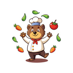 Funny chef bear juggling fresh vegetables mid-chop, cartoon kitchen cooking vector illustration, playful animal chef, culinary humor, cooking art for food and kitchen designs