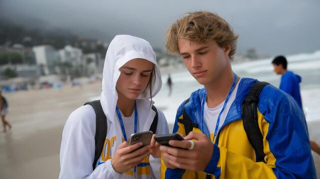 Athletes check weather and tide conditions on a phone ap