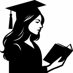 Black-and-white silhouette of a female graduate wearing a cap and gown, holding an open book...