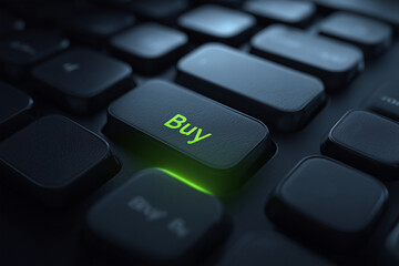 Buy key glowing on black computer keyboard close up with reflective surface and dark background
