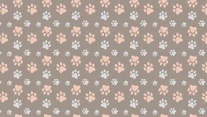 Pattern of dog paw prints in soft pastel colors covers the surface. The background is a muted brown, with alternating paw designs in light pink and gray
