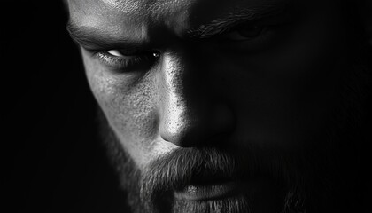 Obraz premium Stunning Black And White Close-Up Portrait Of A Handsome Young Man With A Beard, Gazing Intently Forward In A Studio Setting On A Black Background.