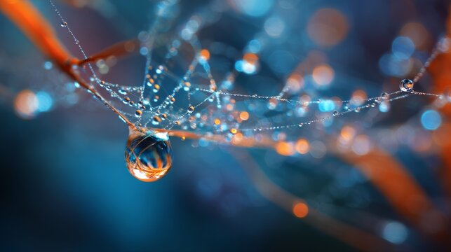 Water Droplet on Spiderweb with Blue and Orange Hues - Powered by Adobe