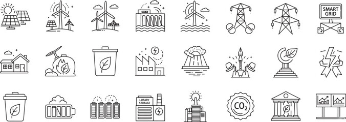 Outline Icons of Sustainable Energy and Environmental Solutions