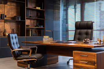modern office desk with black leather chair and wooden shelves in stylish workspace