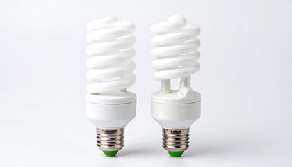 Two spiral fluorescent light bulbs against white background