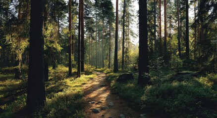 Sunlit forest path between tall trees, ground covered in greenery and rocks