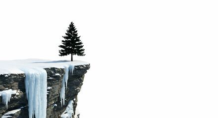 Lonely Pine Tree on Snowy Clifftop Winter Landscape