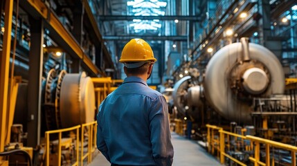 A worker wearing a yellow helmet inspects machinery inside a large industrial factory with metallic equipment and pipes.