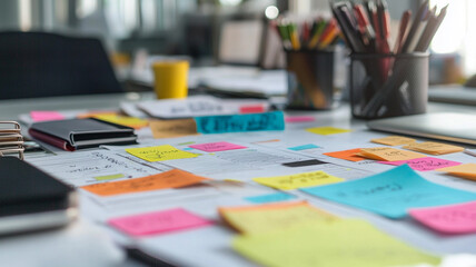 Creative planning process with colorful sticky notes, paper, and mind mapping on table
