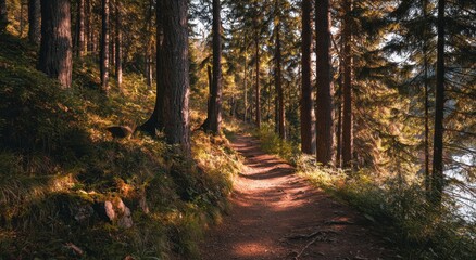 Obraz premium Path curves through forest; sunlight paints scene with warm hues