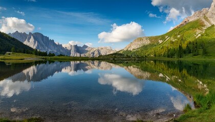 scenic mountain landscape reflecting in tranquil water under blue sky